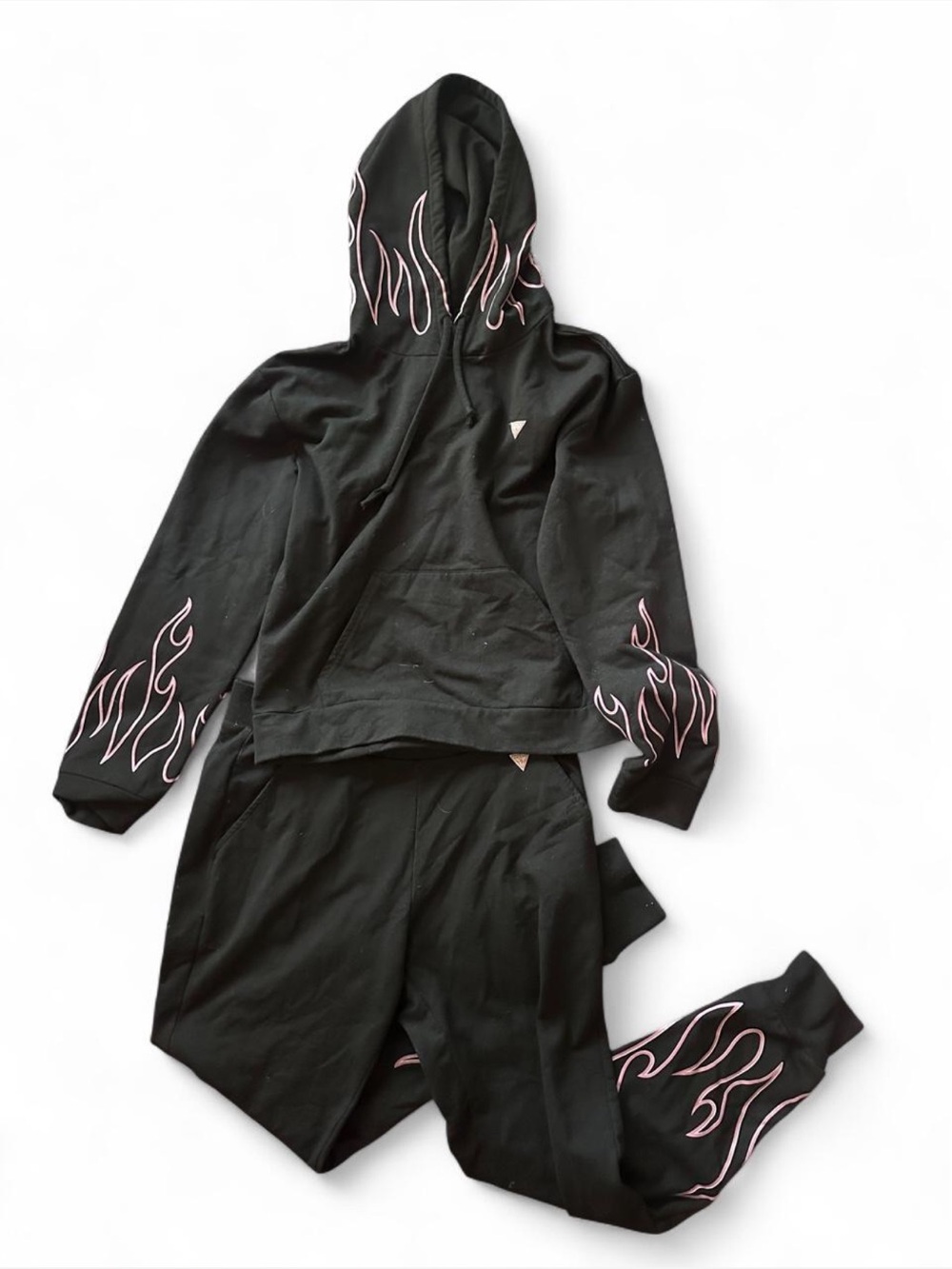 Guess black womens tracksuit with pink flame graphics on sleeves and legs #track